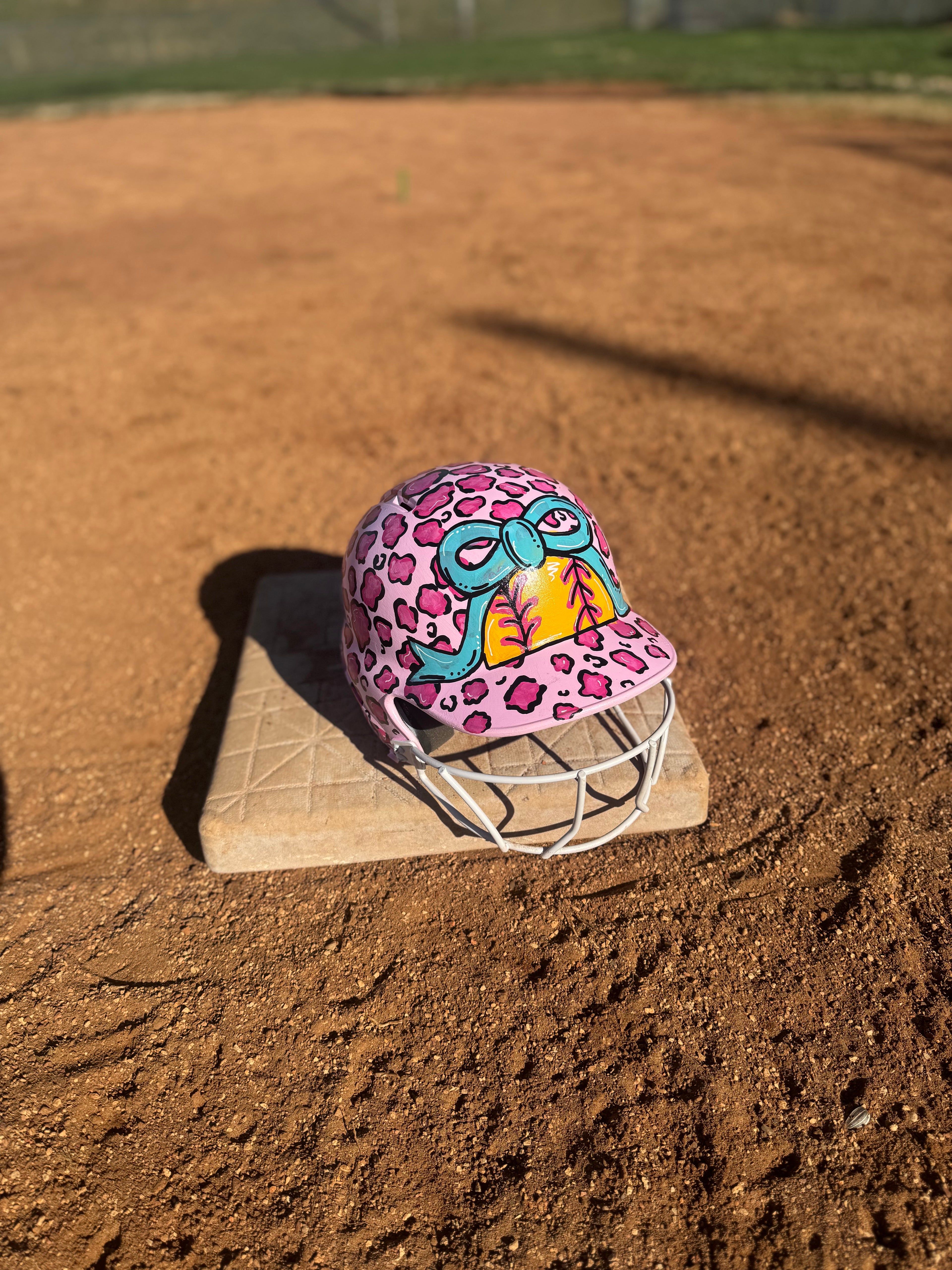 Custom Baseball/Softball Helmet -Cheetah Print with Softball Bow-